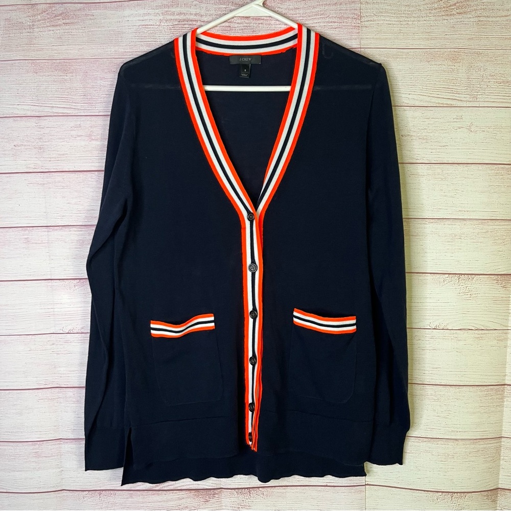 J.Crew Lightweight Navy Blue Neon Orange White Trim Cardigan Sweater Size Small